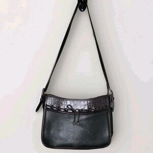 Vtg Brighton Emma Braided Bow Black Brown Croc Leather Shoulder Handbag